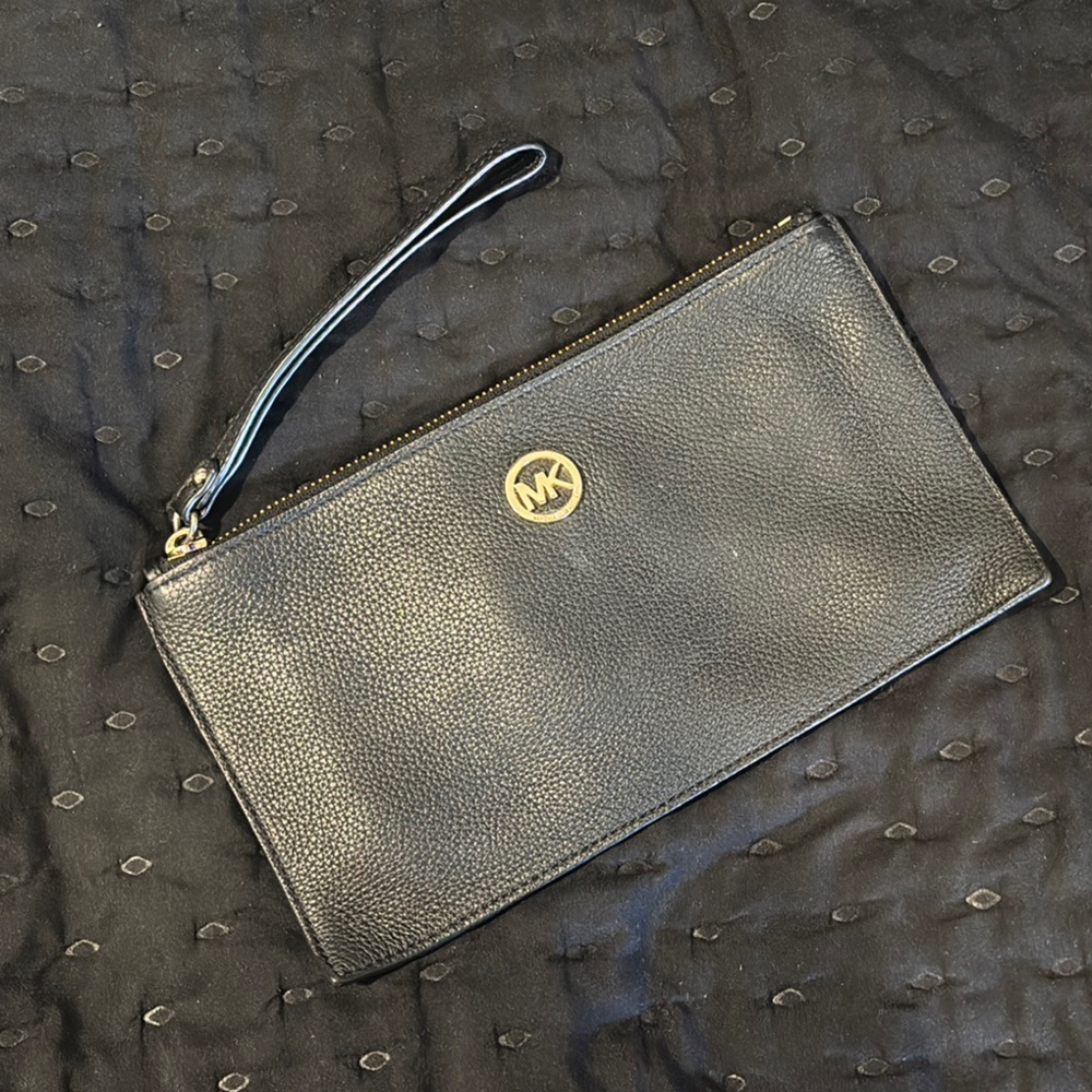 Michael Kors Black Leather Wristlet with Gold Logo